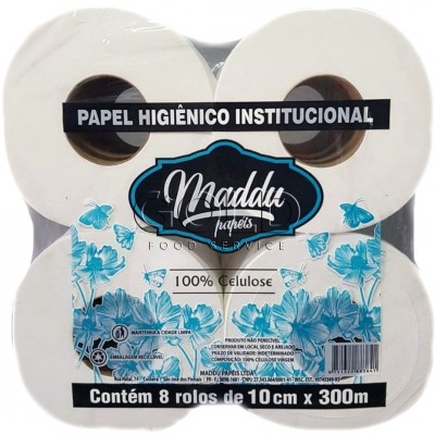 18218 - papel higiênico rolão folha simples Maddu 100% celulose 8 rolos x 300mt x 10cm